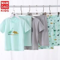 KIDS MAM&DAD夏季儿童竹节棉短袖套装男童女童短袖T恤短裤两件儿童家居服套装