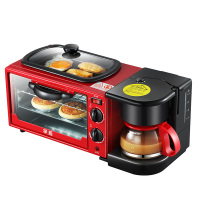 多功能三合一早餐机多士炉家用吐司机面包小烤箱热牛奶咖啡机 红色早餐机+披萨盘(送烤盘+烤网)