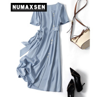 纽曼森(Numaxsen)连衣裙法式温柔设计感小众垂顺女别致方领收腰显瘦气质优雅中长裙