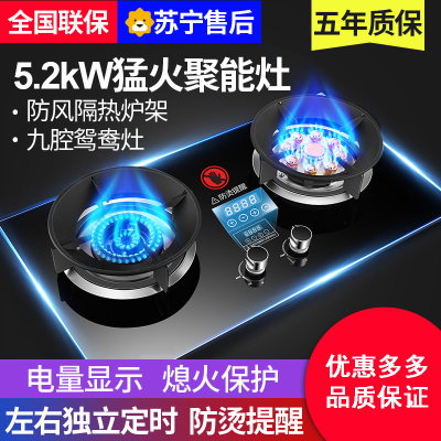 台式嵌入式煤气灶双灶家用天然气液化气炉具 F02双灶铜盖加厚不锈钢面板防风罩 天然气