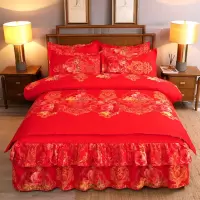 新款比纯棉四件套亲肤的床裙床上用品婚庆大红结婚床罩斜纹四件套