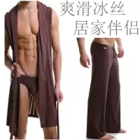 男士春夏透气爽滑冰丝浴衣浴袍睡袍睡裤家居服中长款家居套装