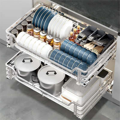 拉篮厨房橱柜法耐不锈钢抽屉式碗架厨柜碗柜双层阻尼沥水碗碟拉蓝