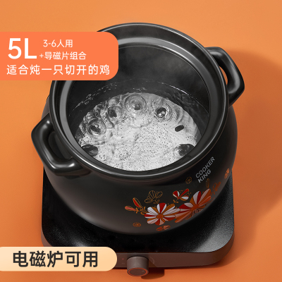 炊大皇砂锅炖锅煲汤家用燃气煤气灶专用耐高温汤煲汤锅陶瓷锅沙锅 5L+导磁片(可电磁炉上使用)