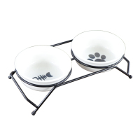 宠物餐桌 卡通陶瓷碗双碗 碗和铁丝碗架可分离 猫碗狗碗食碗盆