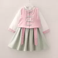 迪鲁奥（DILUAO)汉服女童6-12岁/女童汉服连衣裙秋冬季复古中国风唐装长袖裙子儿童马甲两件套