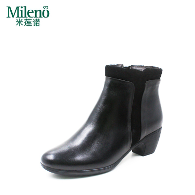 Mileno/米莲诺冬拼色牛皮简约坡跟女短靴健康舒适妈妈鞋M164550