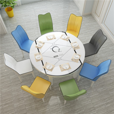 实木餐桌椅组合 小户型餐桌 家用折叠可伸缩圆桌带电磁炉