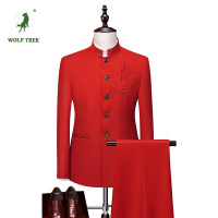 [七匹狼国际公司授权WOLF TREK ]中山装套装男士中青年修身新郎礼服红色演出服宴中华立领西服中国风