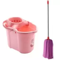 手压拖地手动挤拖把甩干涮洗墩布桶家用拖桶加厚塑料拧干桶|粉红色桶+紫色拖把