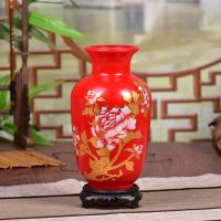 新中式玻璃花瓶透明水培植物富贵竹插干花红色创意摆件装饰品Q4|红金牡丹冬瓜送木座