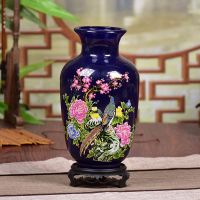 新中式玻璃花瓶透明水培植物富贵竹插干花红色创意摆件装饰品Q4|蓝色雀文语冬瓜送木座
