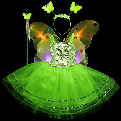 道具发光表演精灵仙女棒天使魔法公主裙儿童节蝴蝶玩具三件套翅膀 绿色四件套(4-6岁)