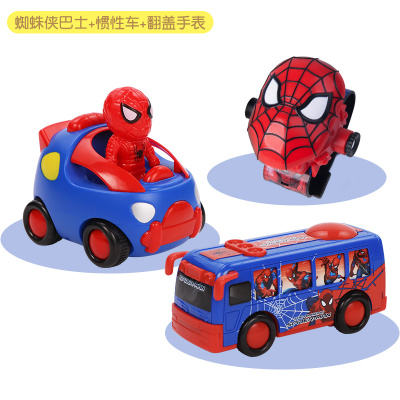 KT猫玩具宝宝儿童0-3工程车飞机卡通凯蒂猫惯性车男女孩玩具套装 蜘蛛侠巴士+惯性车+翻盖手表