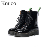 Kmioo 32019秋冬新款百搭侧拉链中筒靴弹力英伦风机车靴漆皮厚底马丁靴女