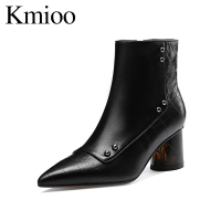 Kmioo J19S027尖头高跟鞋女粗跟2019新款百搭时尚真皮帅气骑士短靴英伦风马丁靴