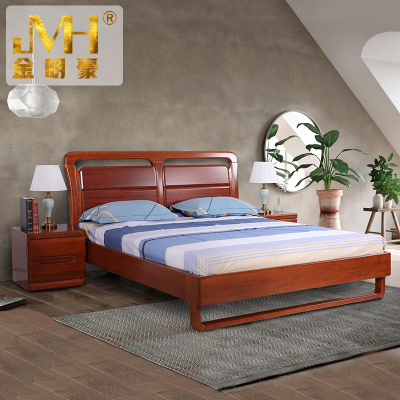 金明豪 新中式实木床1.8米床家具 高端海棠木家具简约靠背单双人床现代主卧实木大床