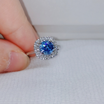 镀18K白金蓝色海洋高碳钻石戒指女轻奢满钻仿真宝石戒指ins风饰品