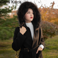 Ciens Kuica双面呢羊绒大衣女中长款韩版宽松小个子黑色连帽大衣