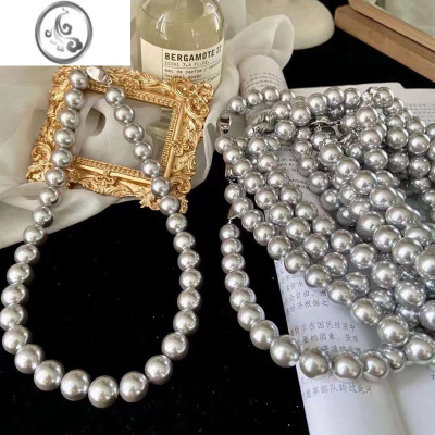 JiMi12mm铂金灰色贝珠圆珠项链仿珍珠短款珠链简约百搭送妈妈礼物