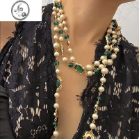 JiMi时髦法式叠戴复古祖母绿多层珍珠宝石项链小众设计感轻奢毛衣链女