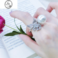 JiMi新品法式高级珍珠戒指女开口满钻锆石花朵清新优雅百搭澳白食指环