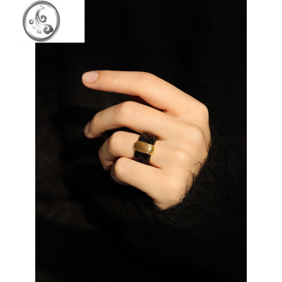 JiMi原创黑金珐琅条纹镀金戒指精致时尚轻奢高级感饰品2023好友礼物