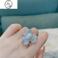 JiMi优雅气质珍珠戒指女开口可调节满钻精工法式复古三花朵高级感超仙