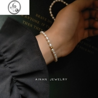 JiMi淡水珍珠手链2021新款米形珍珠弹力手串搭配钛钢金珠不掉色