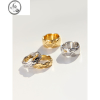 JiMi巴黎高级感法式复古欧美菱形格子纹镀金银色宽窄光面叠戴情侣戒指