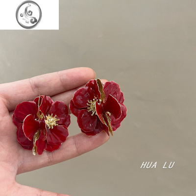JiMiHUALU-虞美人 绝美复古显白酒红色立体花朵耳环法式精致小众耳夹