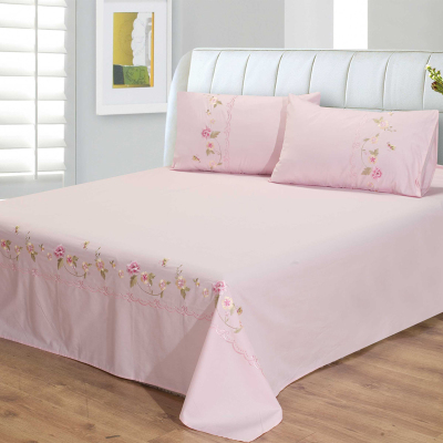 威鸣 纯棉三件套床上用品外贸原单韩版粉色绣花单人双人床单