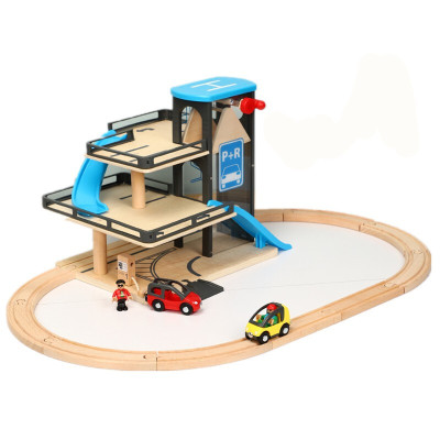 木质仿真升降停车场轨道车兼容brio木质托马斯小火车轨道玩具 蓝色电梯大楼带轨道