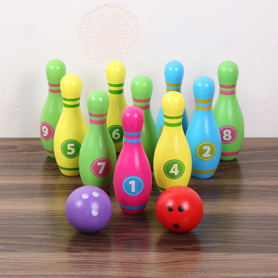 大号木制保龄球玩具儿童室内运动套装幼儿园宝宝亲子户外球类玩具 礼盒装大号彩色保龄球10瓶+2球