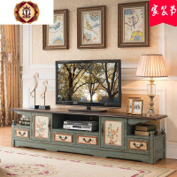 三维工匠美式乡村彩绘地中海复古实木做旧客厅电视柜茶几全套整装组合