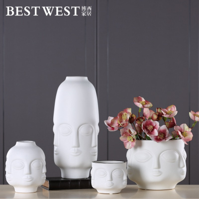创意简约北欧人脸陶瓷花瓶摆件 家居软装饰品客厅样板间摆设