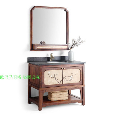 新中式手绘实木浴室柜橡木个性彩绘卫浴柜大理石台面洗脸盆柜组合安心抵