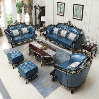欧式色实木轻奢真皮客厅123沙发组合 新古典美式家具 色描金(单+双+三组合)-孔雀蓝 组合安心抵