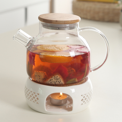 日式耐热透明玻璃花茶壶煮黄金蛋水果茶套装家用茶杯蜡烛煮茶炉下午茶具 1L滤嘴壶（竹盖）+底座C款（送50颗蜡烛）