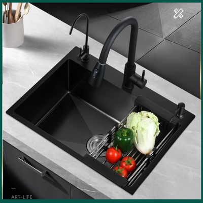 如华福禄厨房水槽单槽手工加厚304不锈钢黑色家用洗菜盆大洗碗盆水池