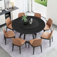 岩板圆桌餐桌带转盘北欧餐桌椅组合现代家用餐厅圆形餐台8人