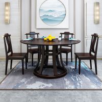 新中式实木餐桌椅组合深色带转盘民宿酒店餐厅圆桌家用吃饭桌子