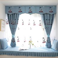 儿童房蓝色绣花帆船遮光窗帘成品卡通地中海男孩卧室飘窗