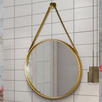 北欧浴室镜洗手台壁挂式圆形镜子理发店镜子美容院化妆镜带灯|吊带金色框 直径60厘米