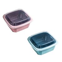 双层沥水篮厨房家用带盖保鲜盒洗菜盘水果蔬菜冰箱冷藏塑料收纳盒|粉色+湖蓝色