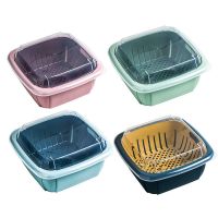 双层沥水篮厨房家用带盖保鲜盒洗菜盘水果蔬菜冰箱冷藏塑料收纳盒|绿色+湖蓝色+蓝色