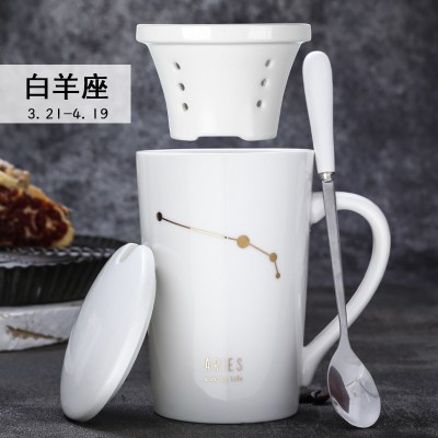 创意黑釉杯子陶瓷泡茶杯过滤咖啡杯潮流水杯办公室马克杯带盖勺 白羊座