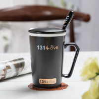 创意情侣杯520马克杯陶瓷杯子咖啡杯早餐喝水杯情人节带盖勺 高款1314黑+勺盖垫泡沫装