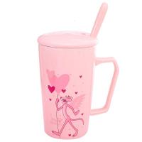 创意粉红顽皮豹子陶瓷情侣杯子带盖勺马克杯韩版女学生水杯早 圆筒杯-爆米花豹
