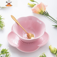 日式创意少女心碗碟陶瓷套装餐具甜品碗糖水银耳汤碗盅水果沙拉碗 敬平 粉 4.8寸花碗+花盘+金色花勺
